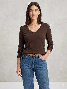 Ann Taylor Women's V-Neck Long Sleeve Top in Chocolate Brown